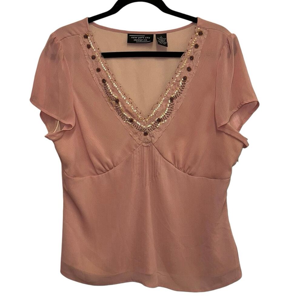 NYC Design Co Pink Embellished Blouse V Neck Sheer Sleeves Dressy Topโ L